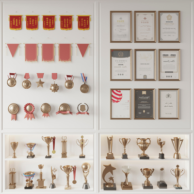  现代奖杯荣誉证书su模型 