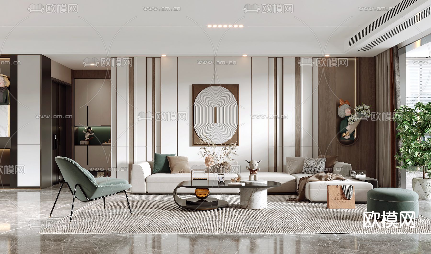 现代轻奢客厅餐厅3d模型下载（渲染图1）