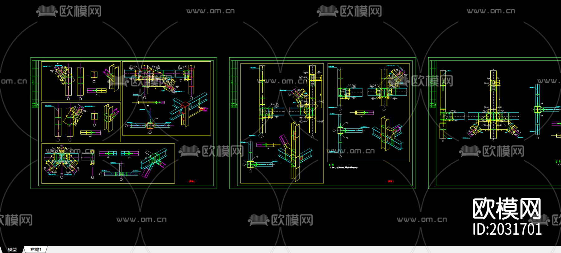 钢框架支撑节点CAD施工图下载