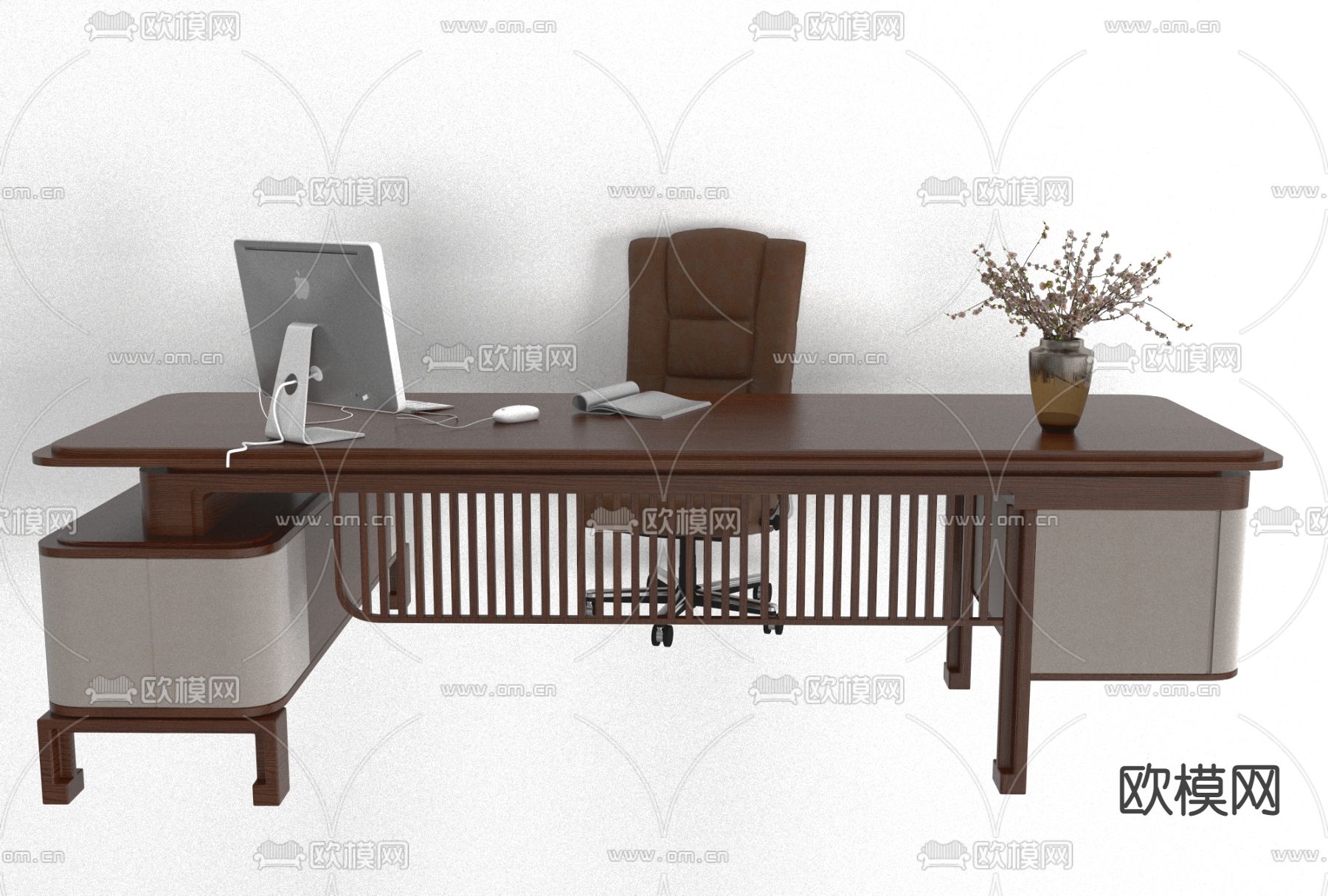 新中式班台桌椅免费3d模型下载