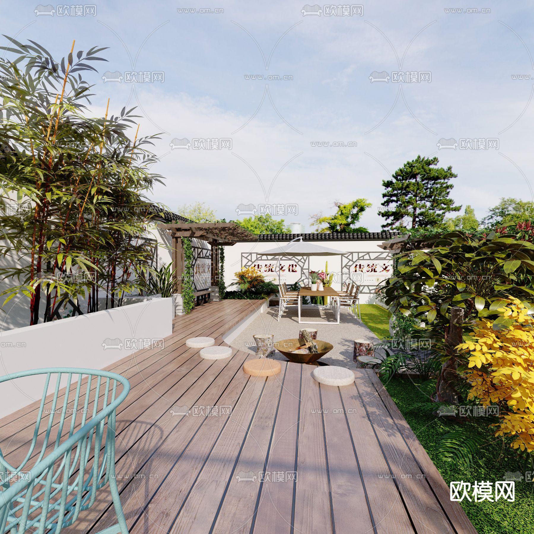 新中式篮球场运动公园鸟瞰3d模型