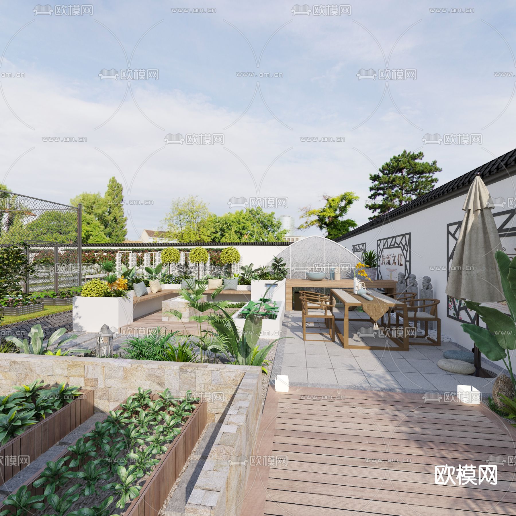 新中式篮球场运动公园鸟瞰3d模型