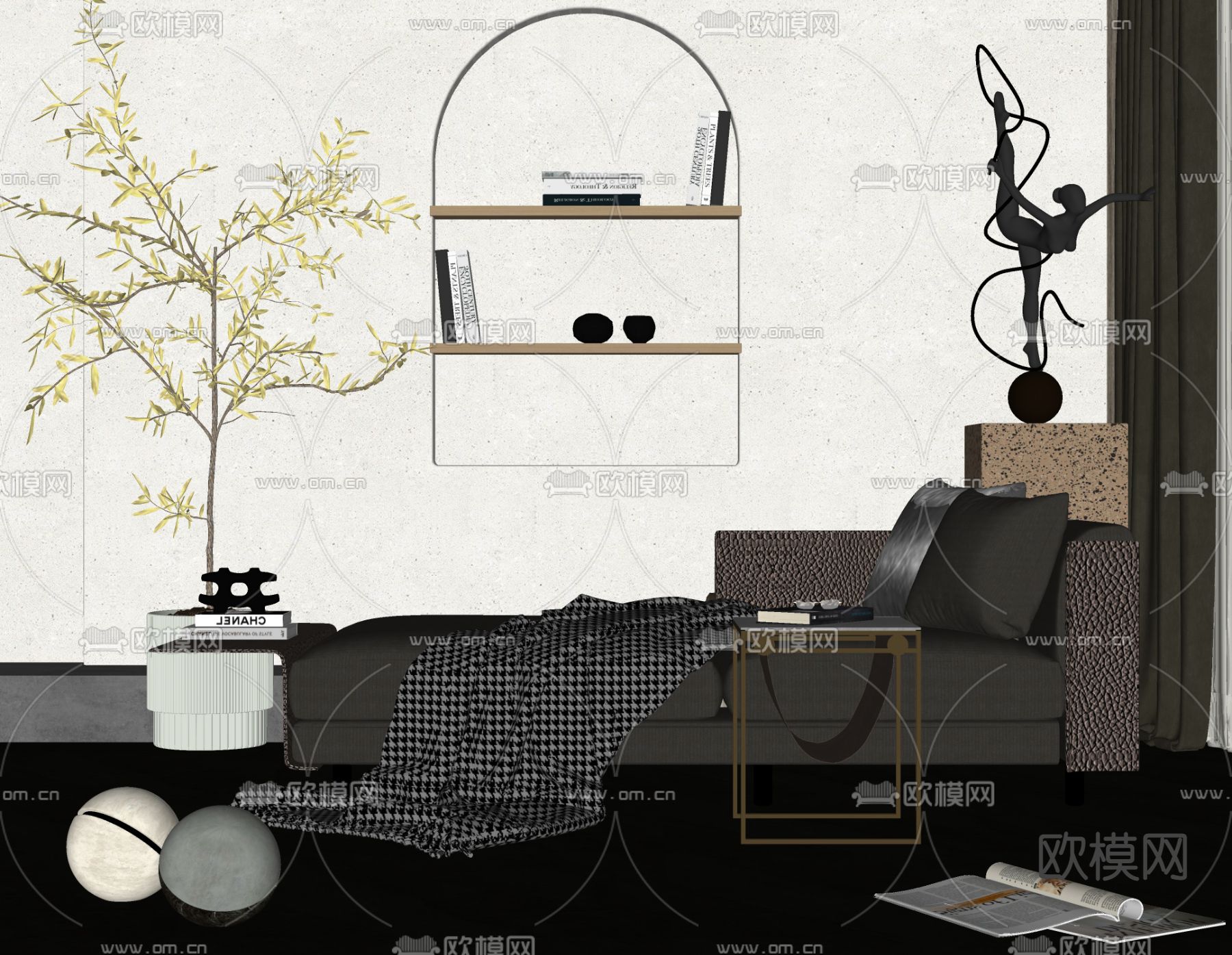 现代布艺贵妃椅su模型下载（渲染图2）