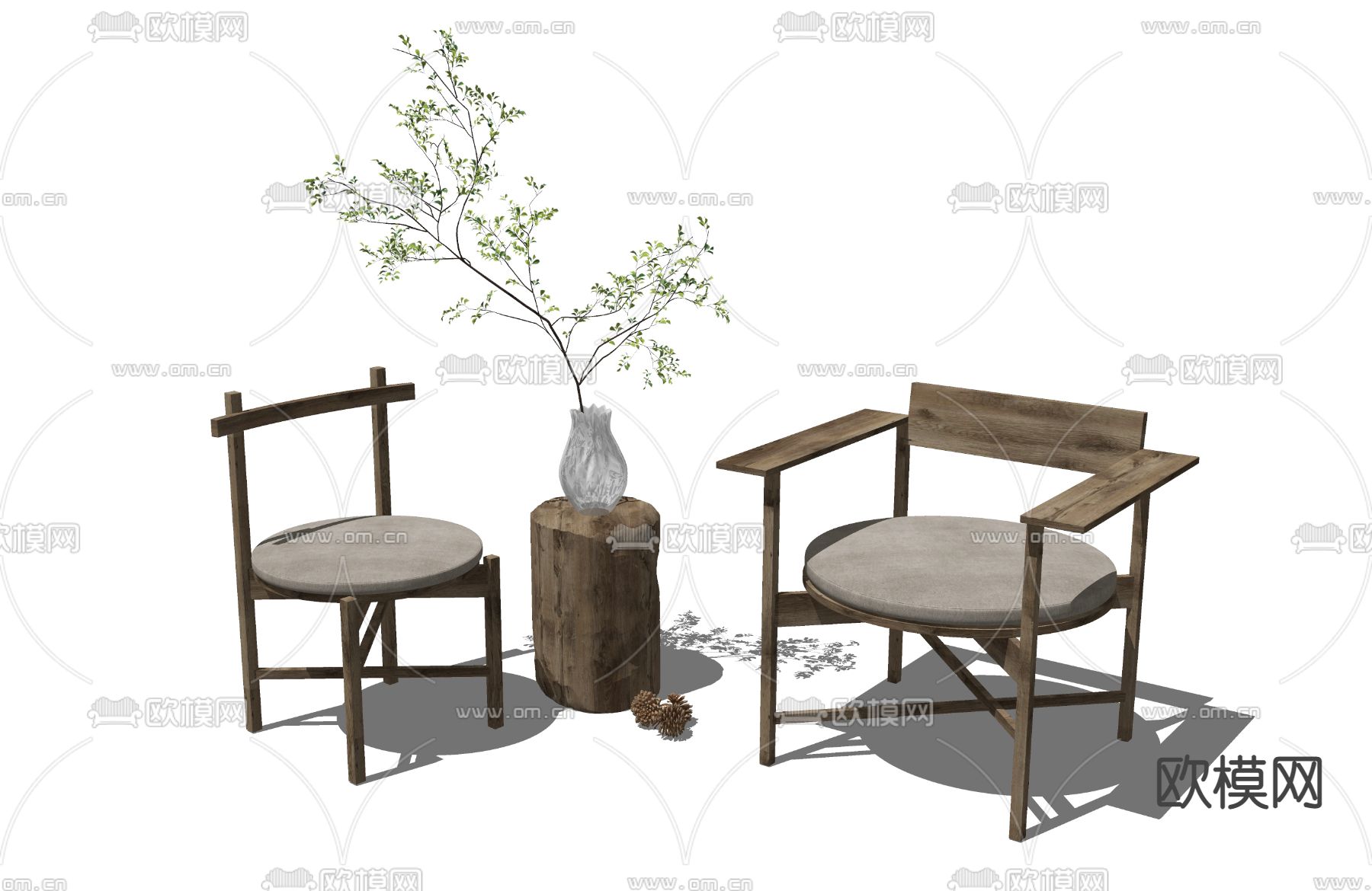 侘寂实木休闲椅su模型下载（渲染图2）