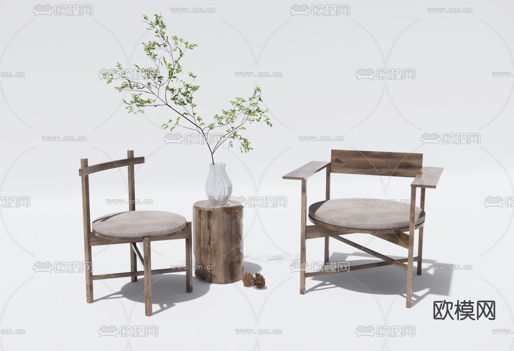 侘寂实木休闲椅su模型下载（渲染图1）