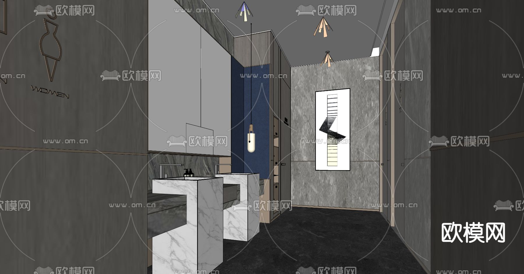 现代酒店公共卫生间su模型下载（渲染图3）