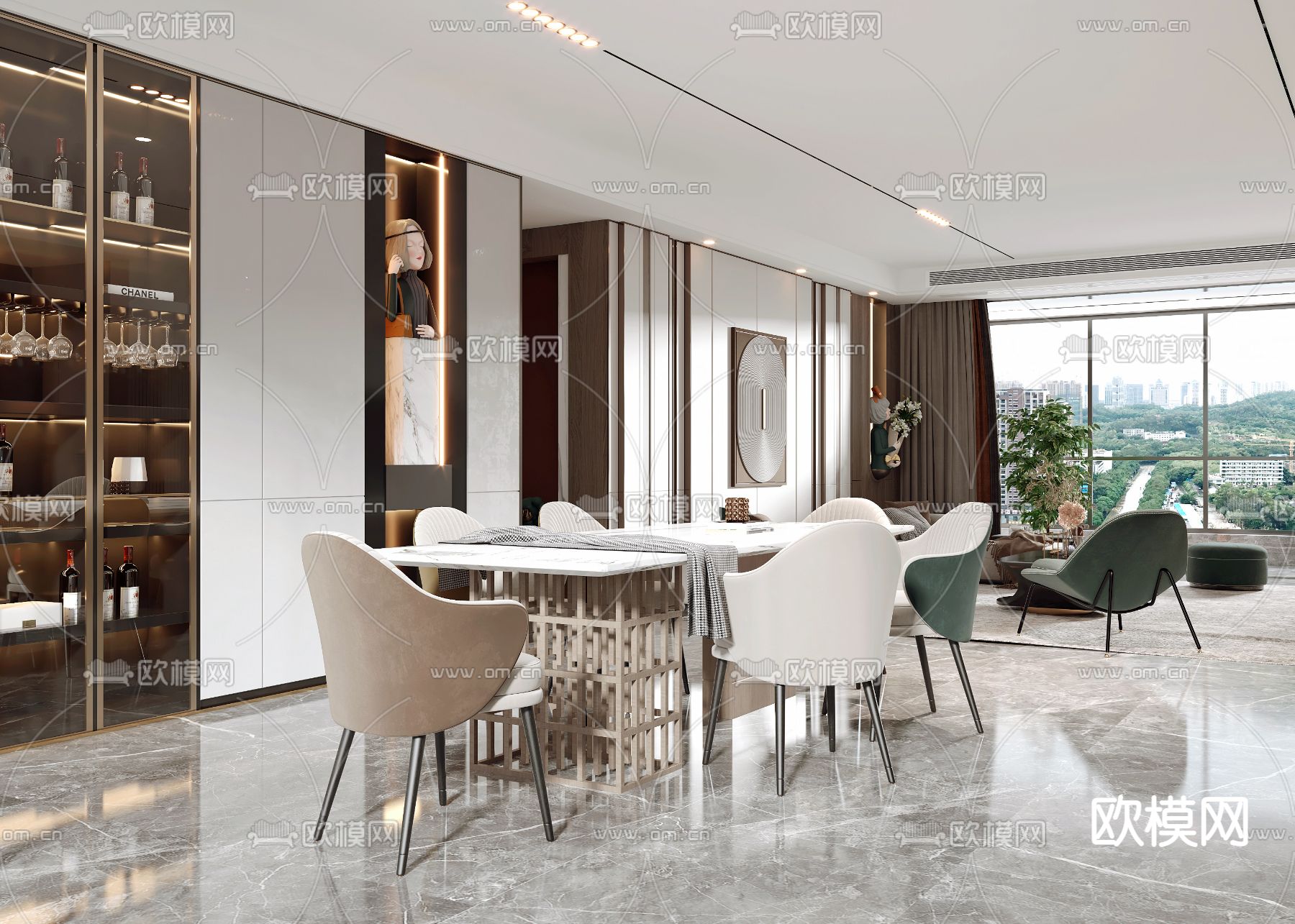 现代轻奢客厅餐厅3d模型下载（渲染图4）