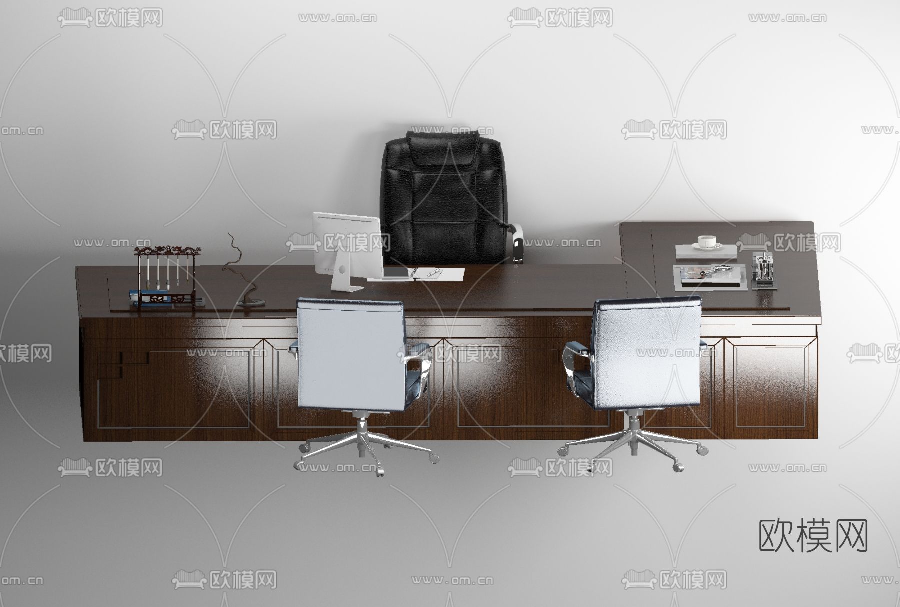 新中式班台桌椅免费3d模型下载