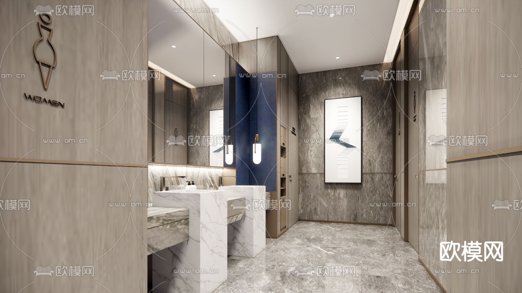 现代酒店公共卫生间su模型下载（渲染图1）
