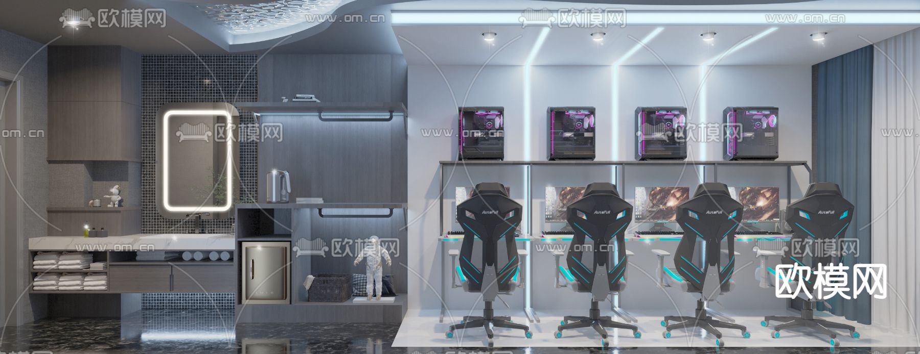 现代四人房电竞网咖3d模型下载（渲染图1）