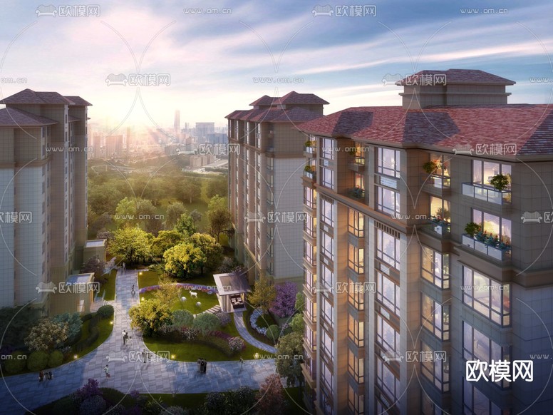 新中式高层住宅鸟瞰3d模型下载