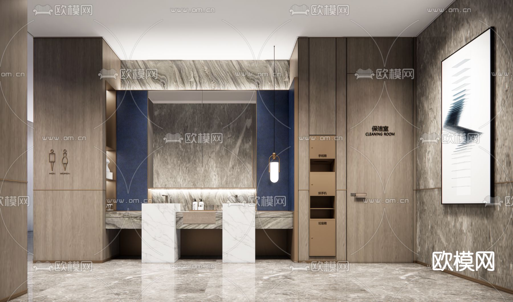现代酒店公共卫生间su模型下载（渲染图2）