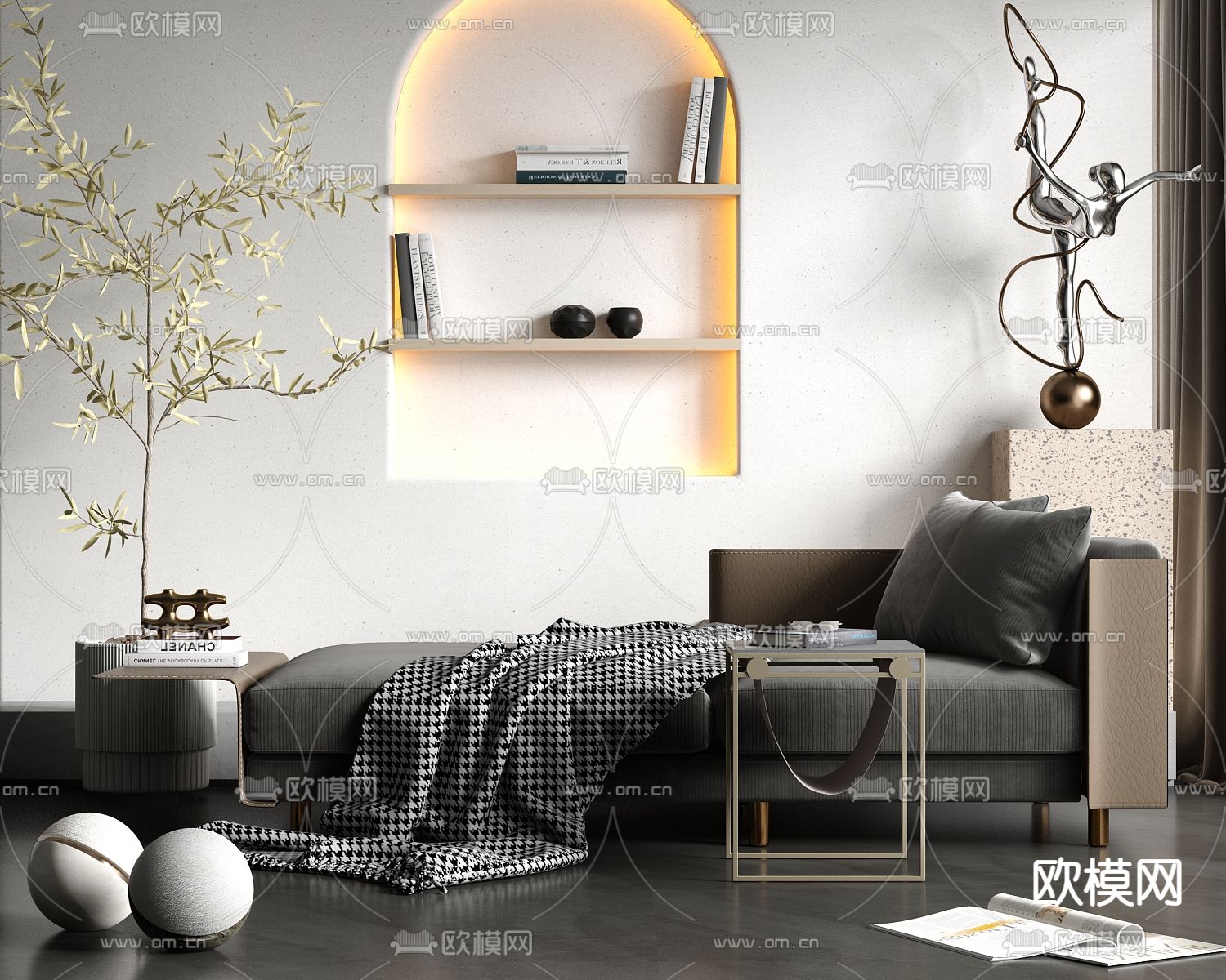 现代布艺贵妃椅su模型下载（渲染图1）