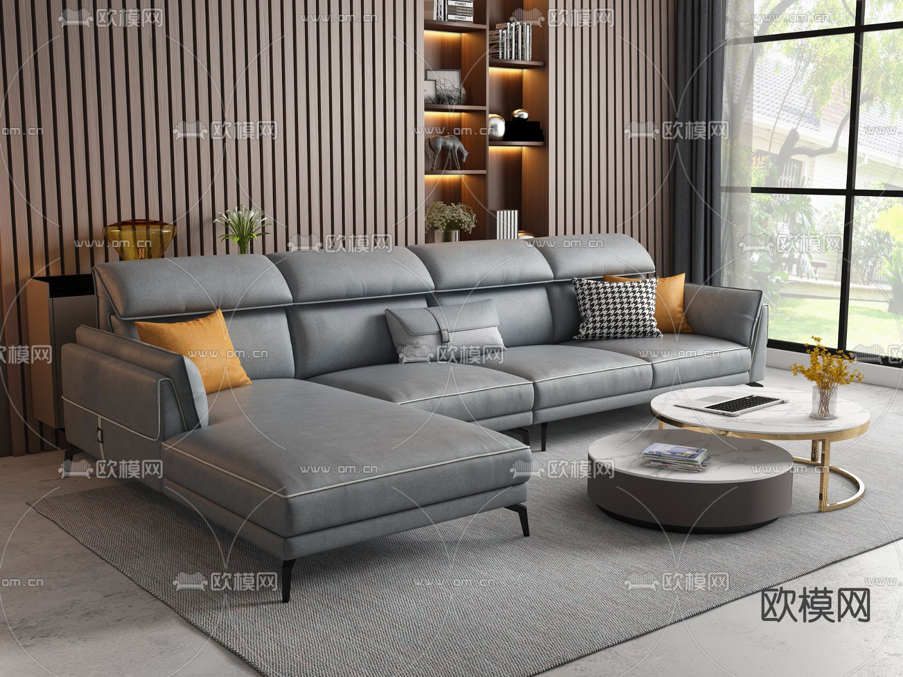 现代皮革转角沙发3d模型下载（渲染图1）