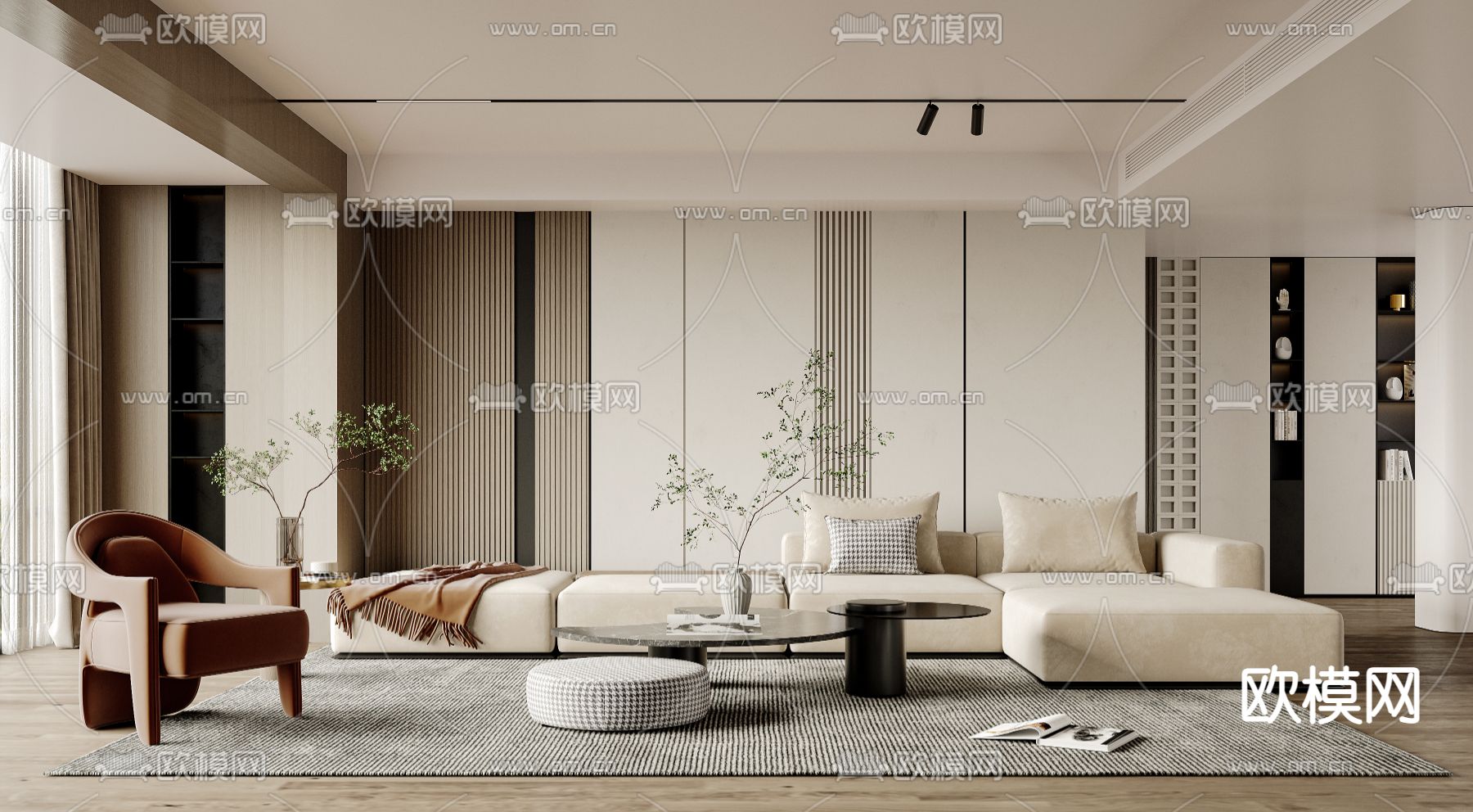 现代布艺转角沙发组合3d模型下载（渲染图1）