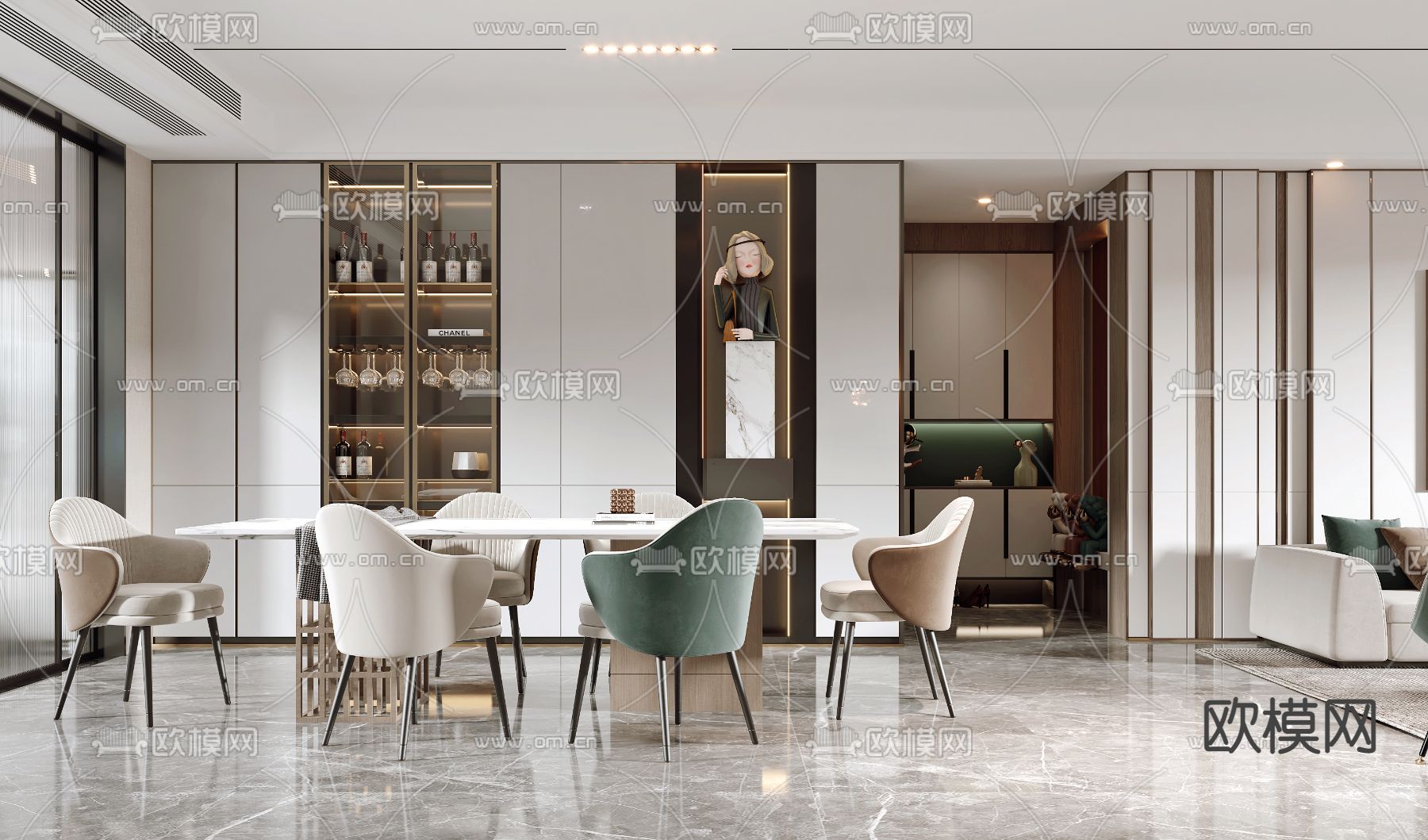 现代轻奢客厅餐厅3d模型下载（渲染图2）