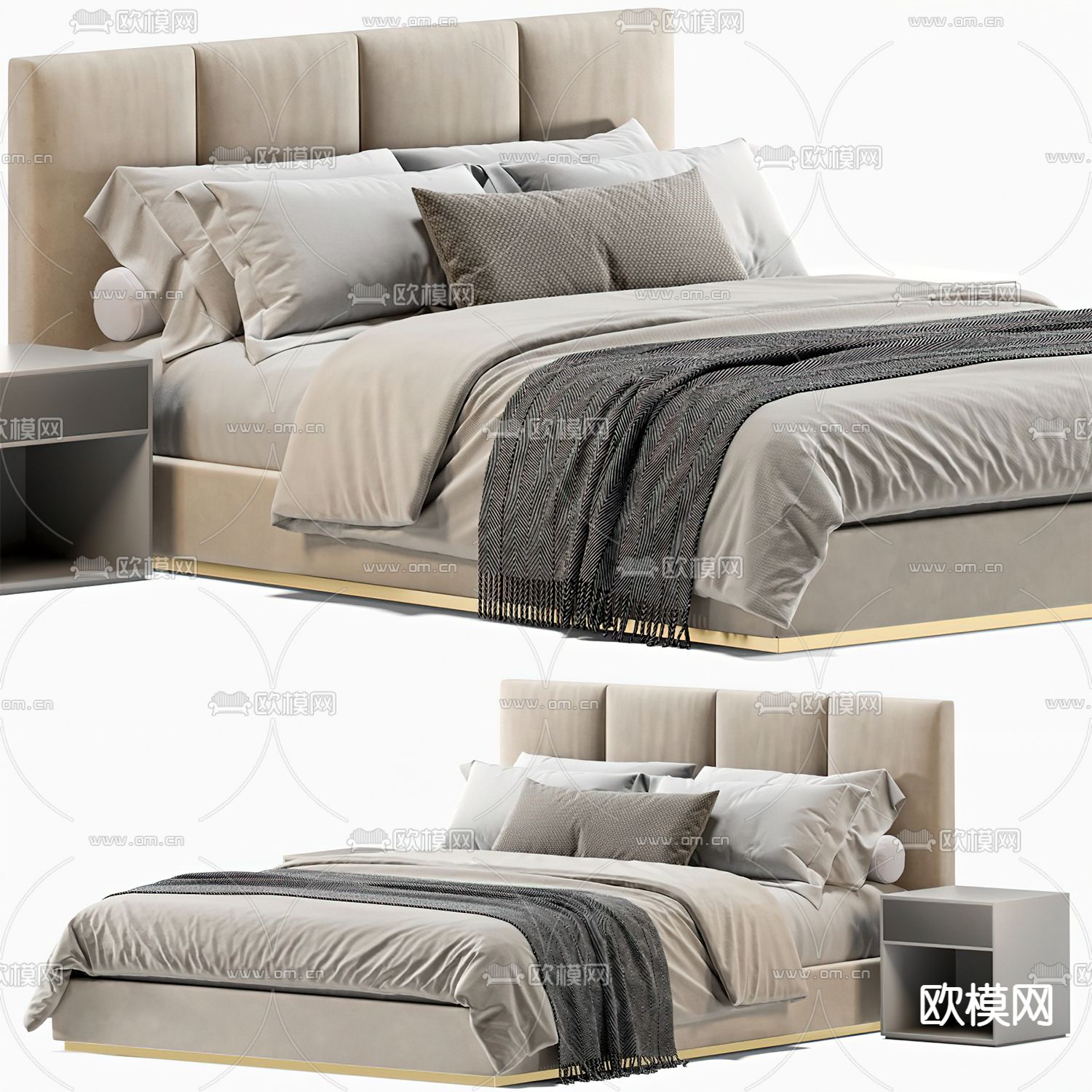 Fendi 现代布艺双人床3d模型下载（渲染图1）