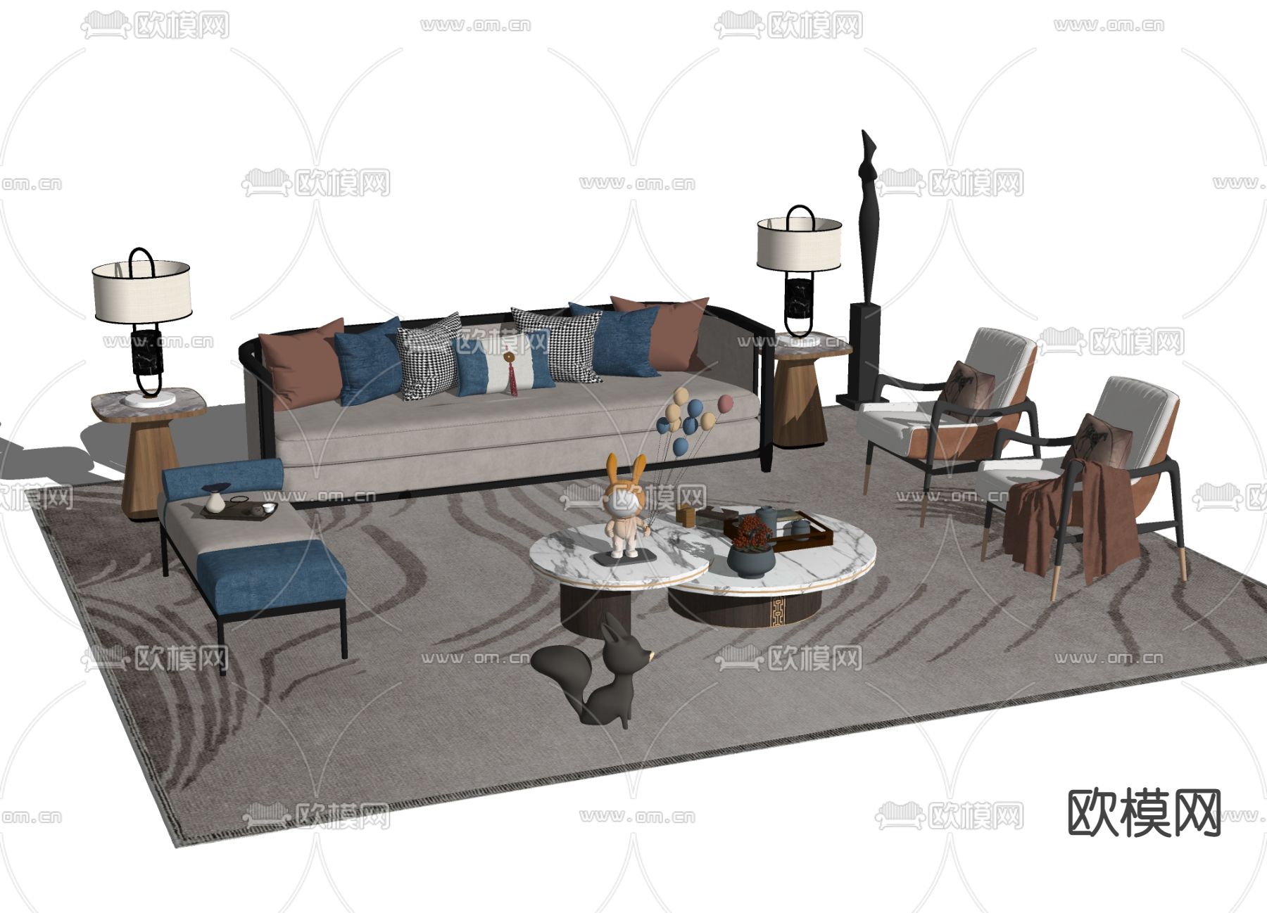 新中式沙发组合su模型下载（渲染图2）
