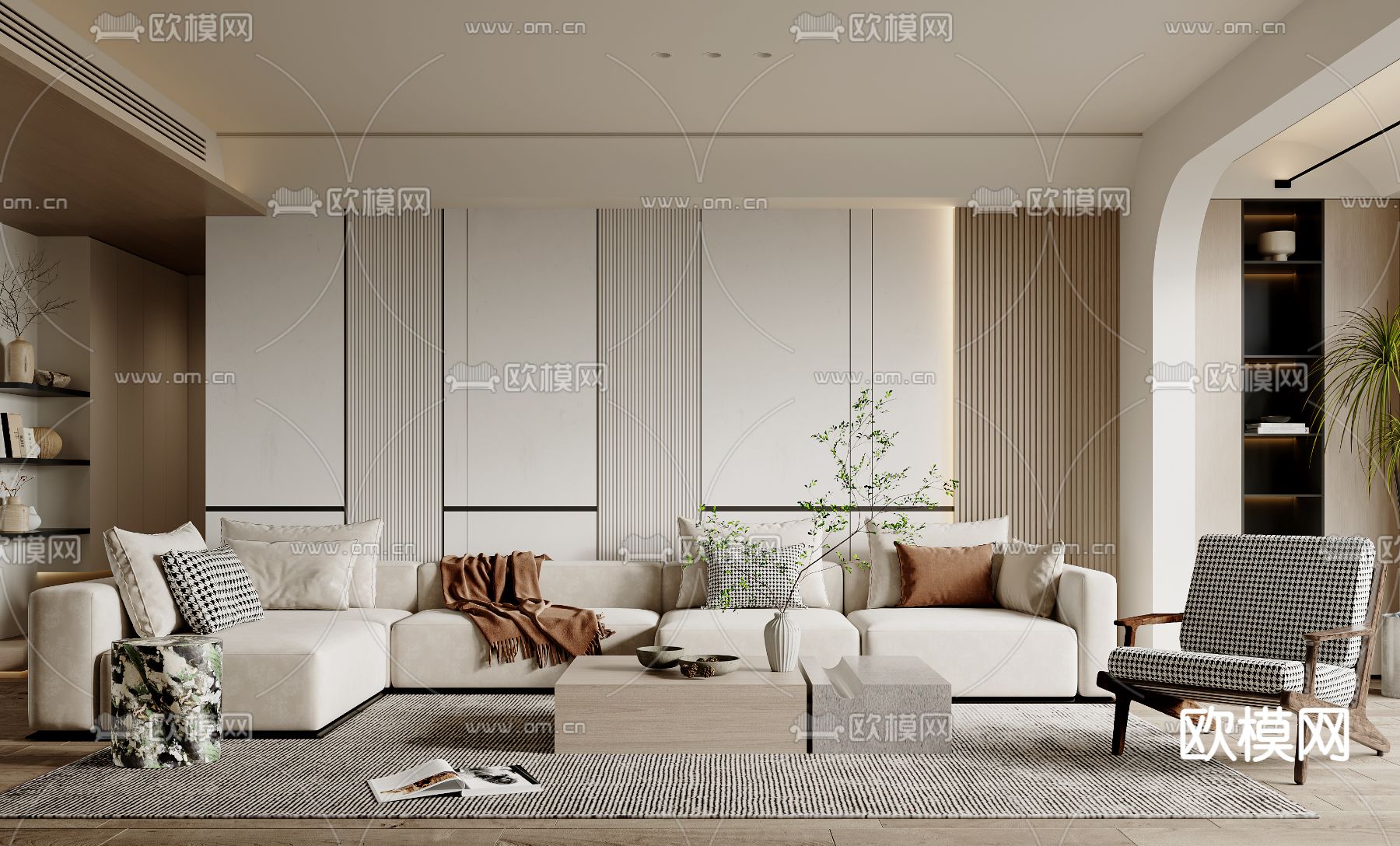 现代布艺转角组合沙发3d模型下载（渲染图2）