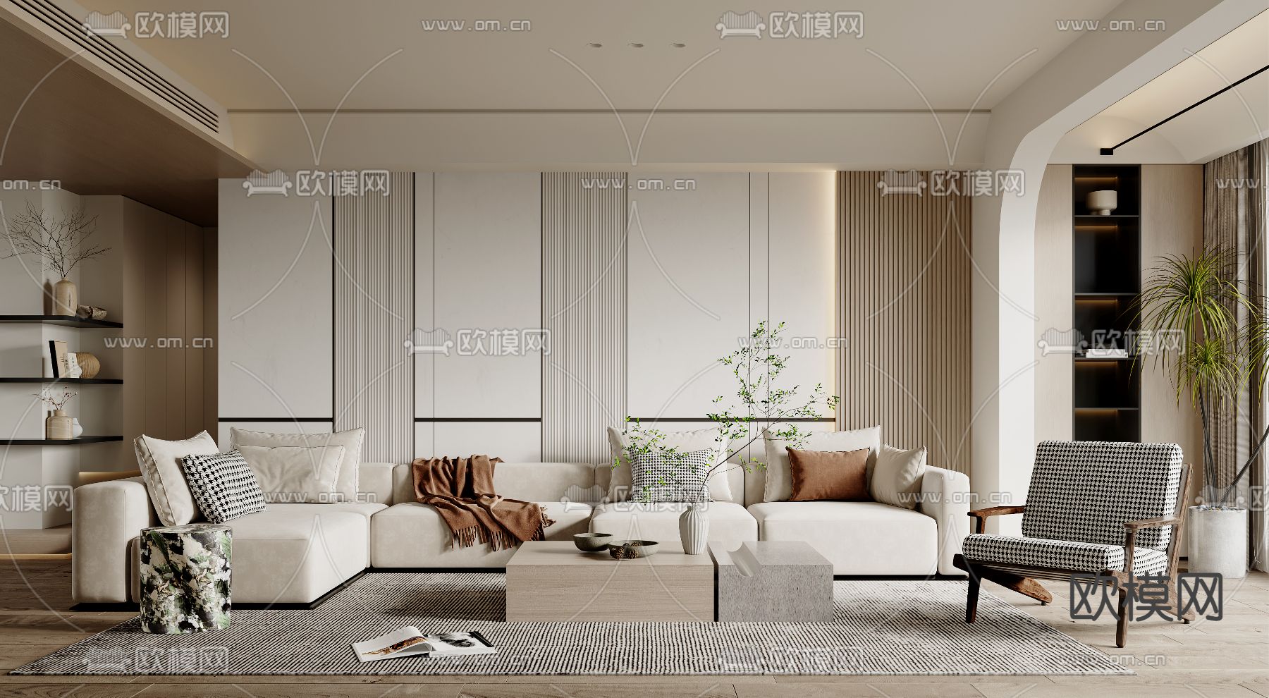 现代布艺转角组合沙发3d模型下载（渲染图1）