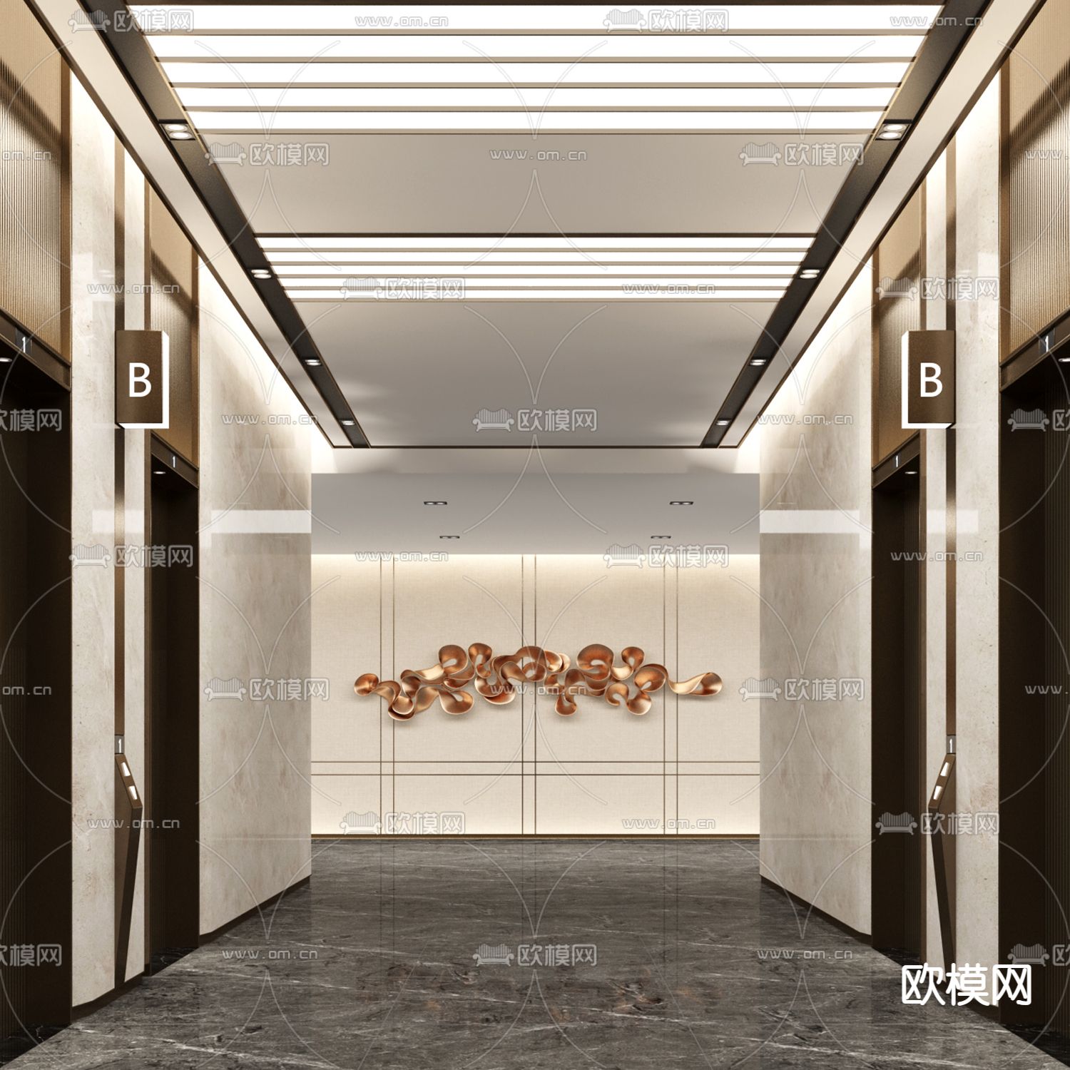 现代办公楼电梯厅3d模型下载（渲染图2）