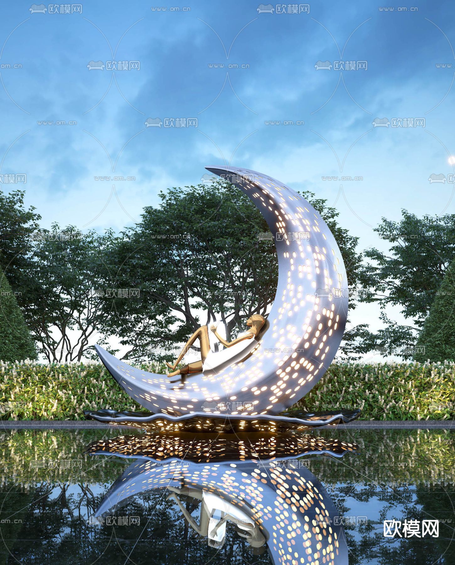 现代城市月亮雕塑小品3d模型下载（渲染图2）