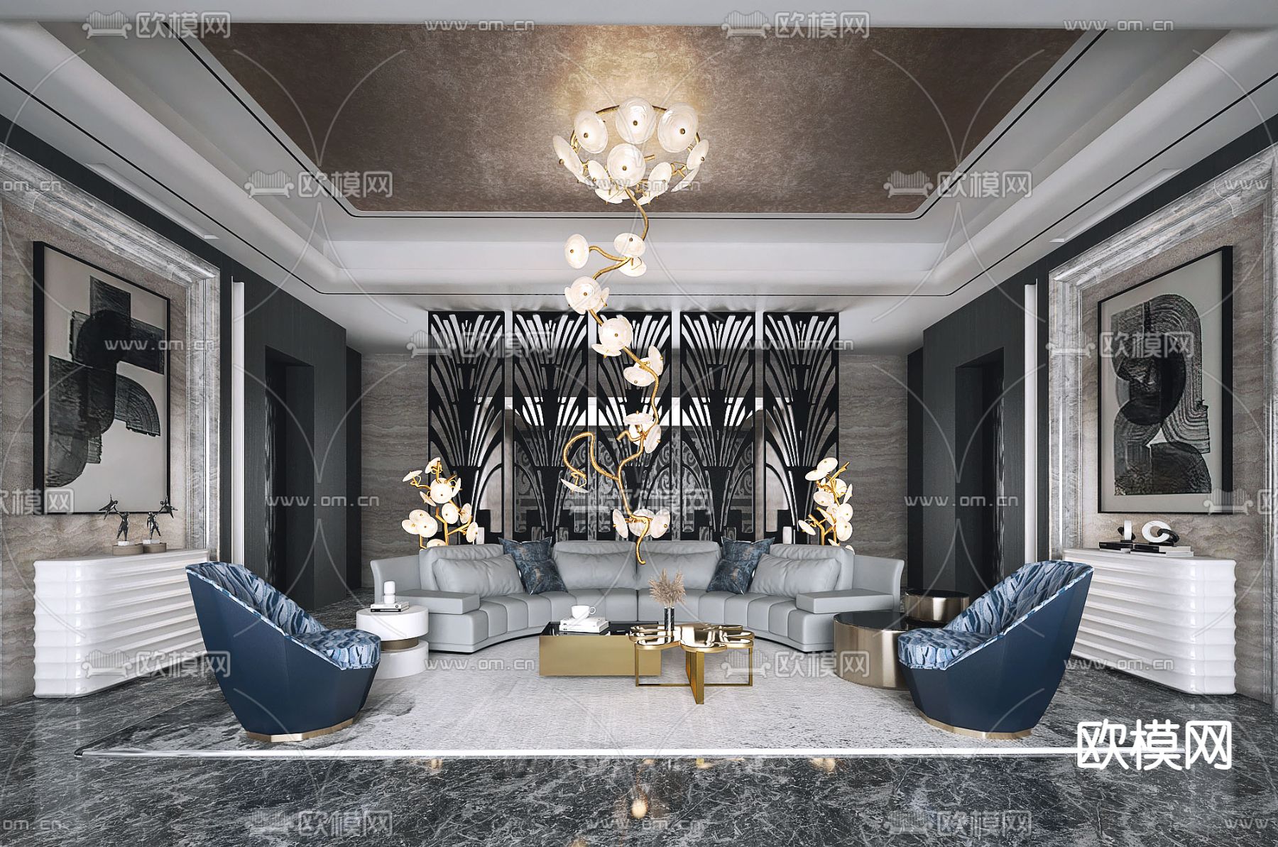 金螳螂设计 后现代轻奢客厅3d模型下载（渲染图1）