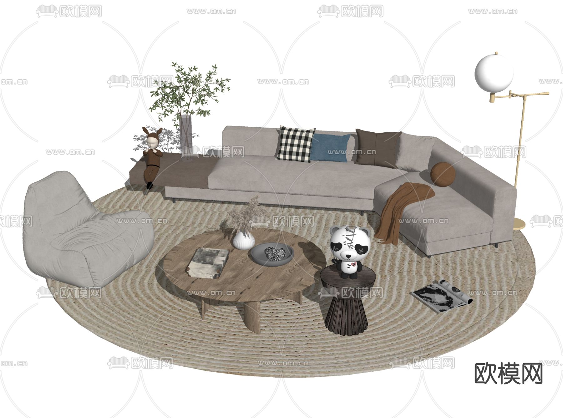 侘寂布艺沙发组合su模型下载（渲染图2）