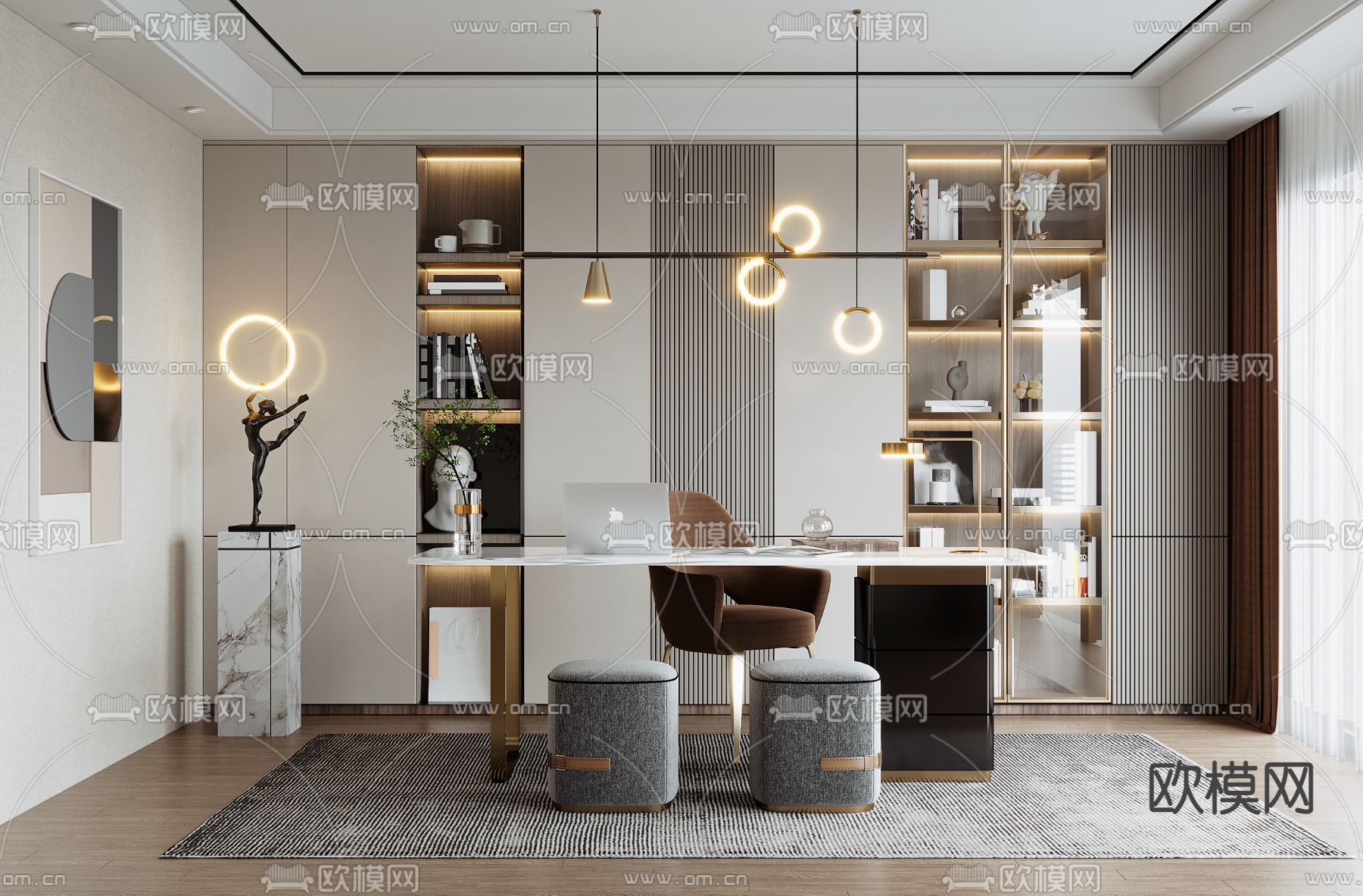 现代轻奢书房su模型下载（渲染图1）
