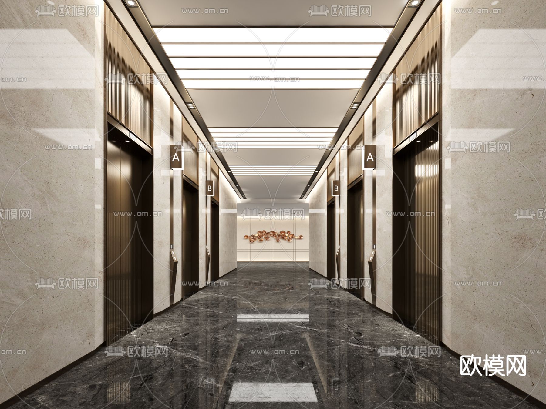 现代办公楼电梯厅3d模型下载（渲染图1）