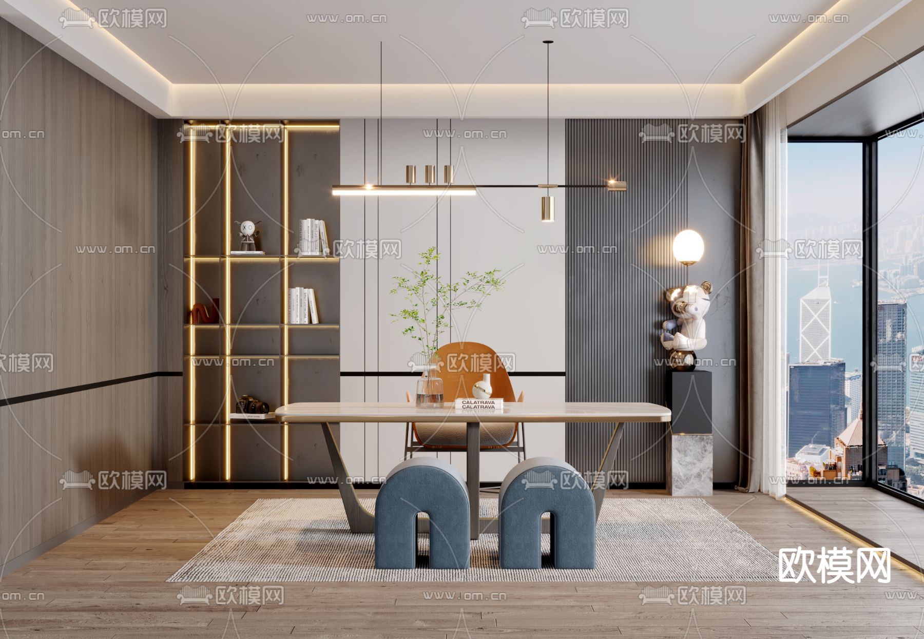 现代轻奢书房3d模型下载（渲染图1）