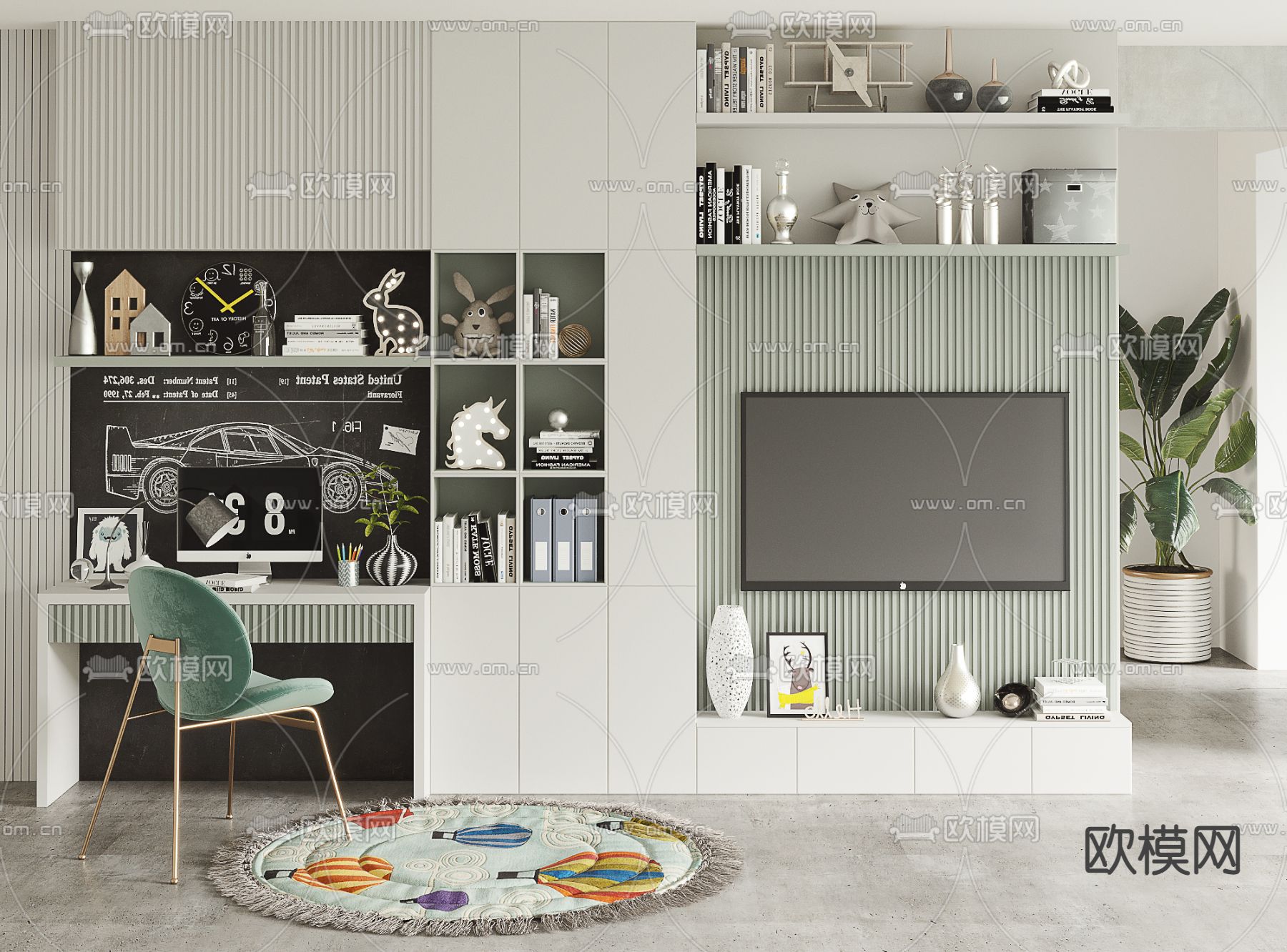 现代儿童一体式书桌椅3d模型下载