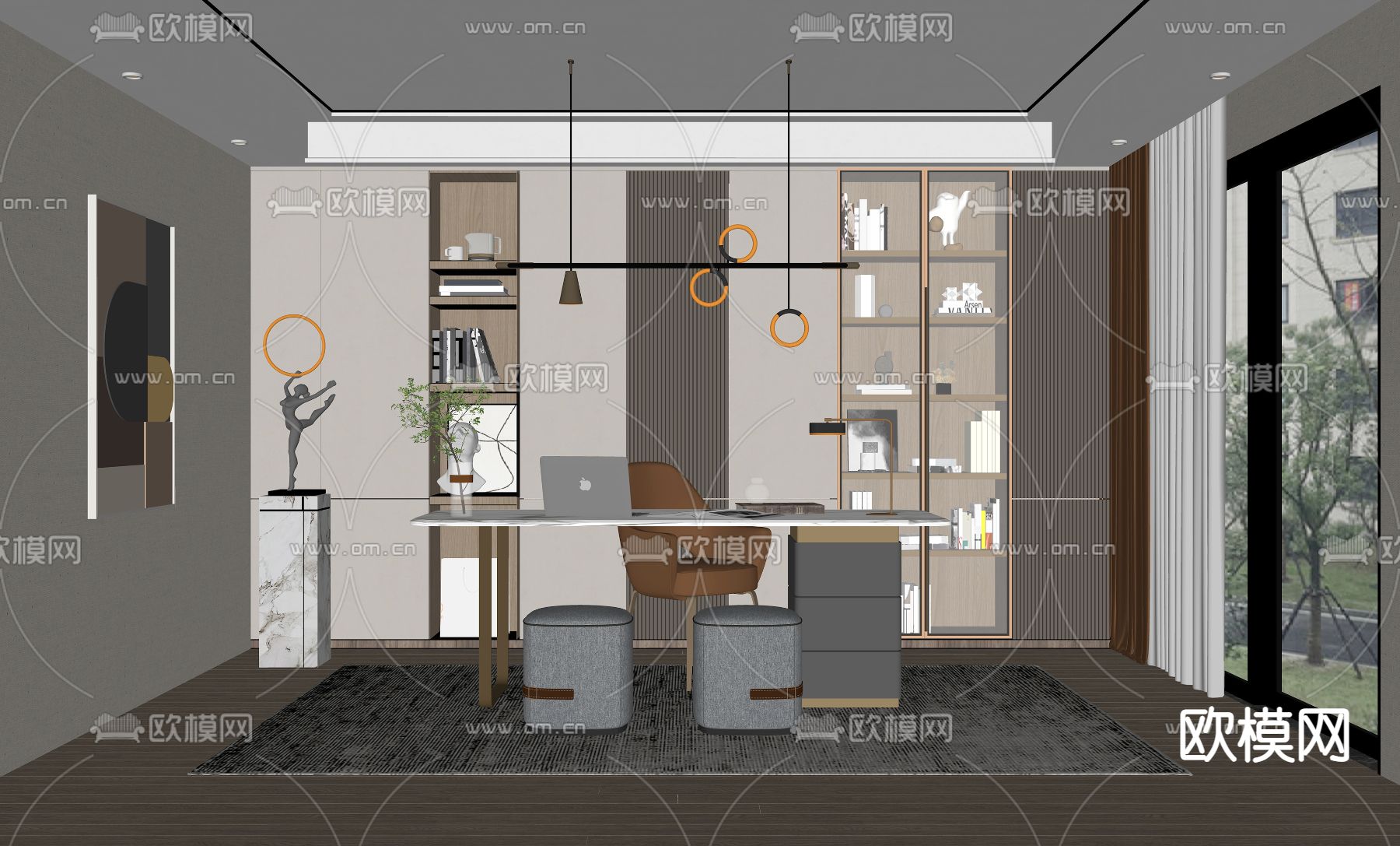 现代轻奢书房su模型下载（渲染图2）