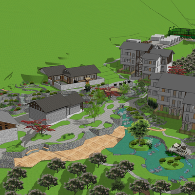  新中式休闲度假酒店鸟瞰su模型 