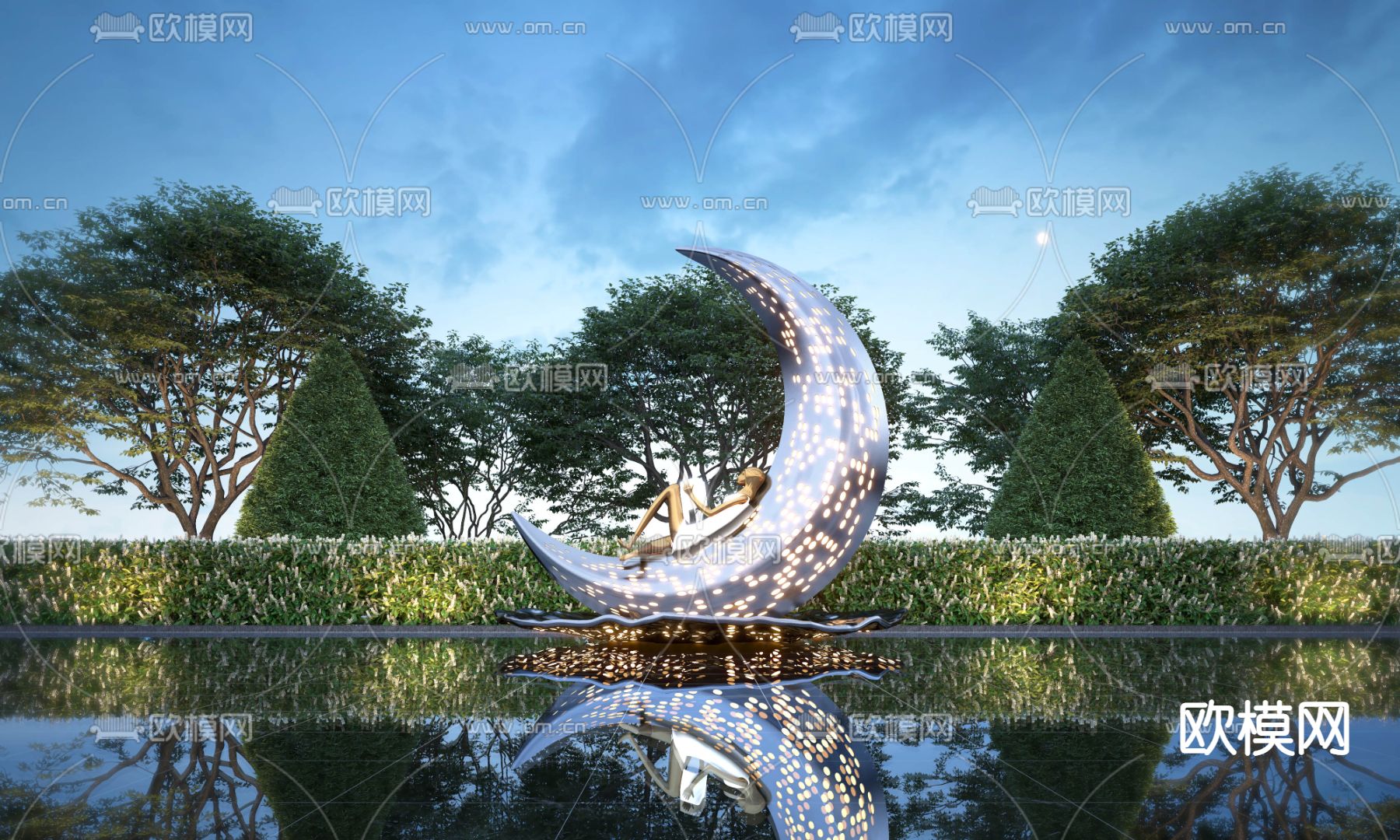 现代城市月亮雕塑小品3d模型下载（渲染图1）