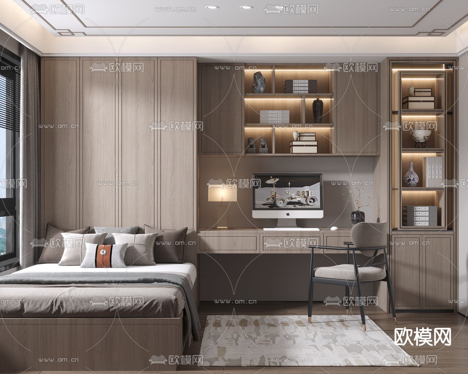 新中式榻榻米卧室3d模型下载（渲染图1）