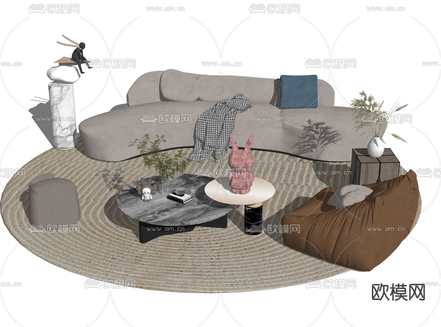 侘寂布艺沙发组合su模型下载（渲染图2）