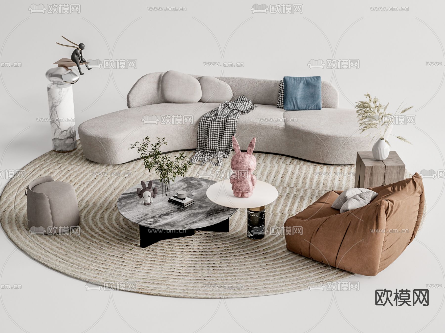 侘寂布艺沙发组合su模型下载（渲染图1）