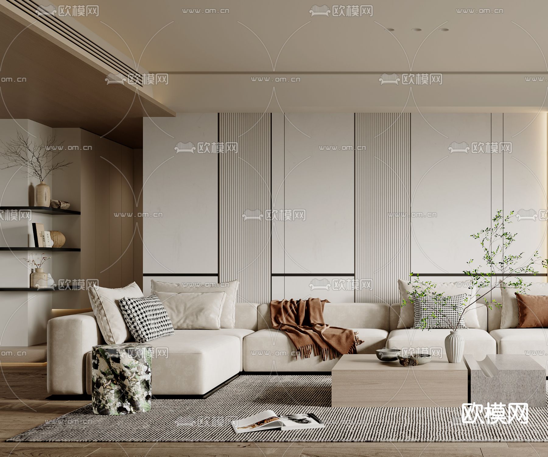 现代布艺转角组合沙发3d模型下载（渲染图3）