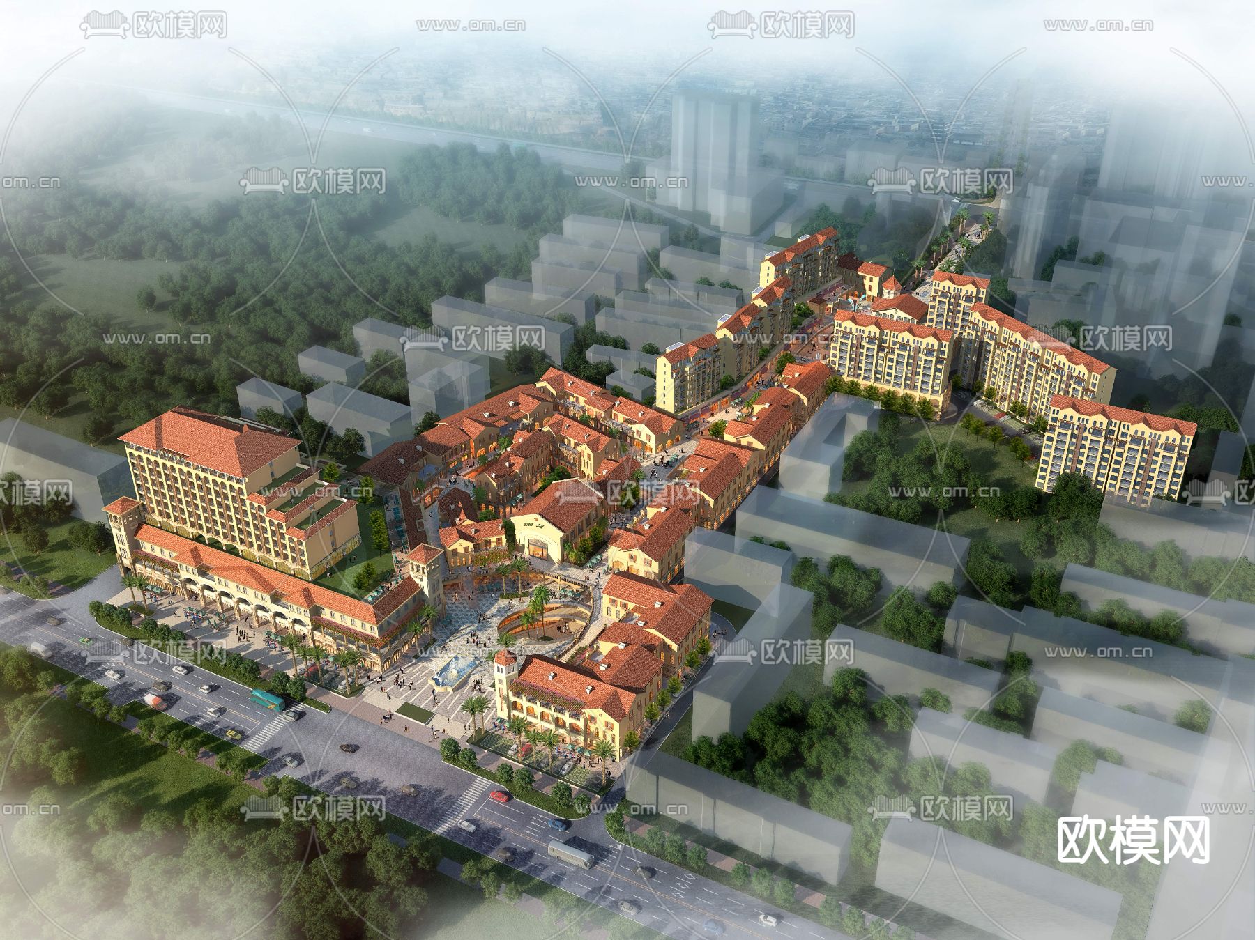 欧式小区住宅鸟瞰3d模型下载