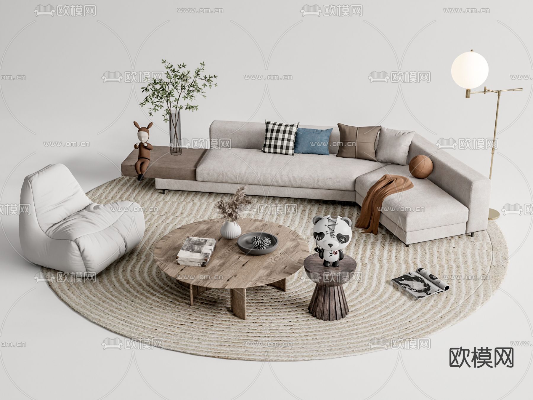 侘寂布艺沙发组合su模型下载（渲染图1）