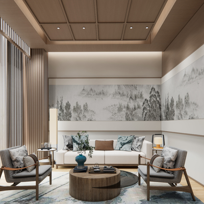  新中式接待室会客厅su模型 