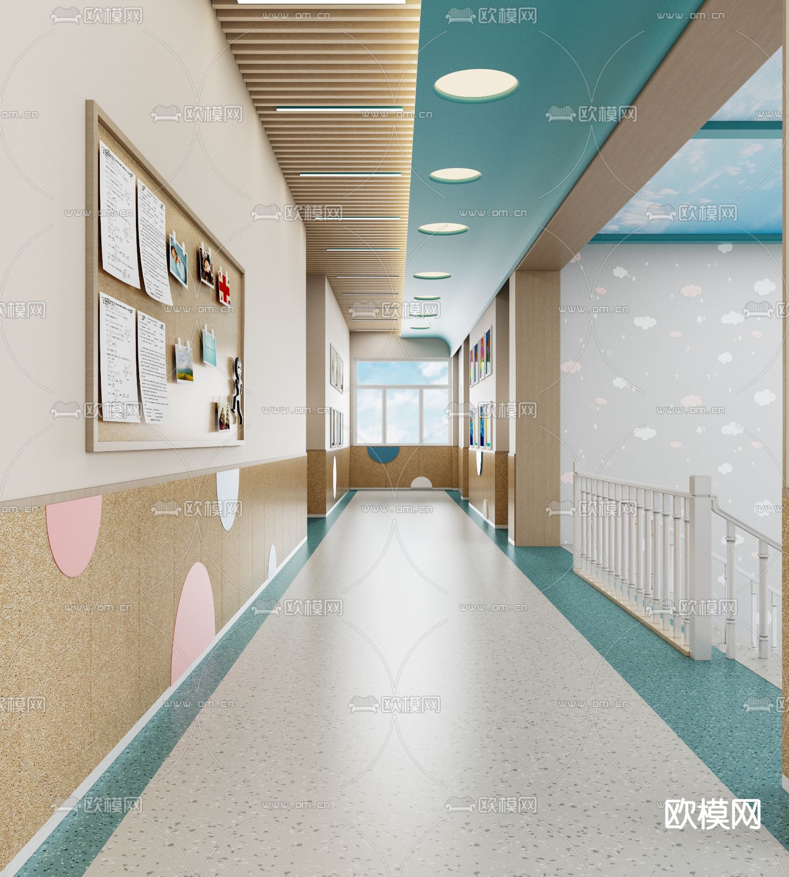 现代幼儿园走廊过道su模型下载（渲染图1）