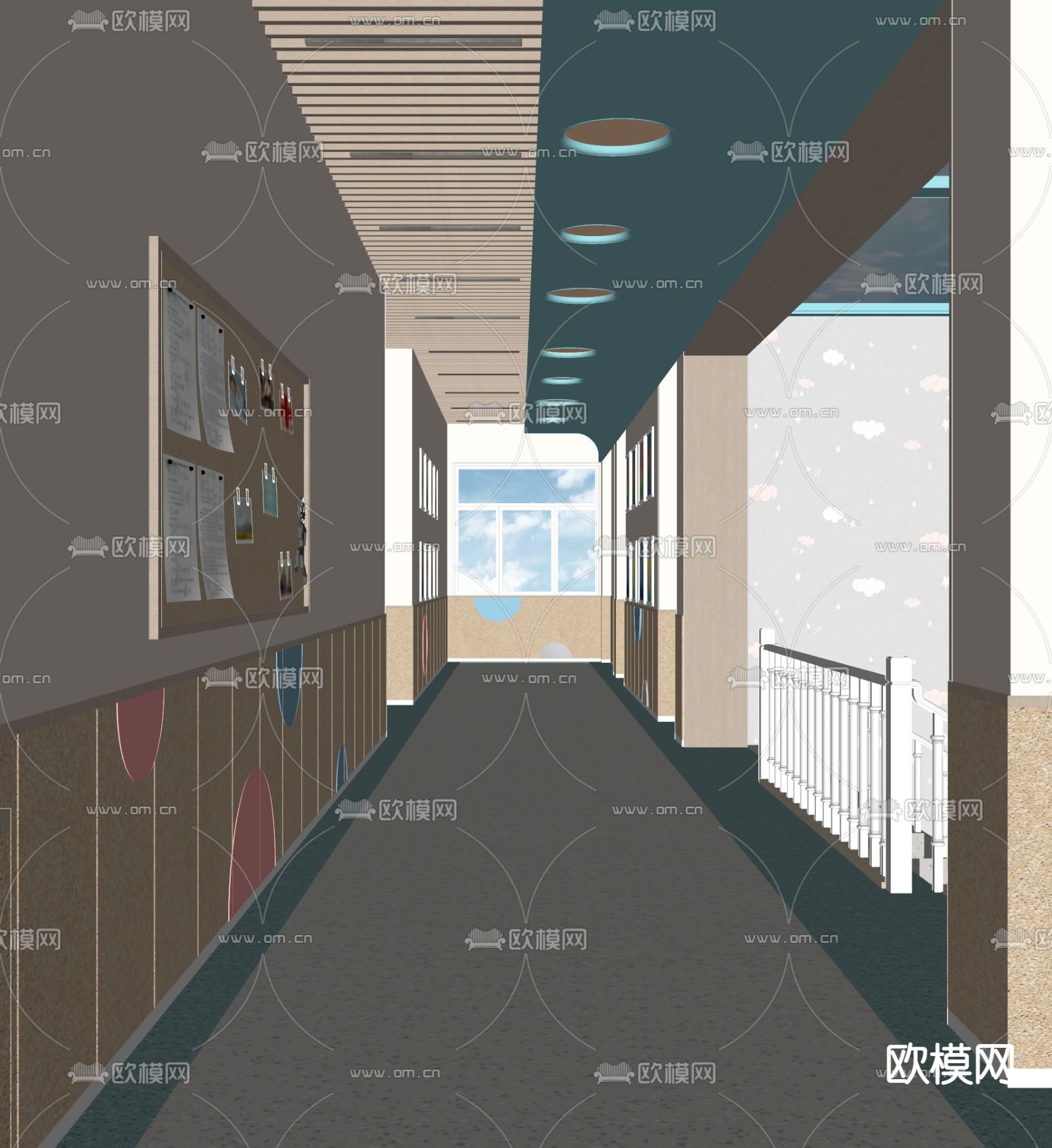 现代幼儿园走廊过道su模型下载（渲染图2）