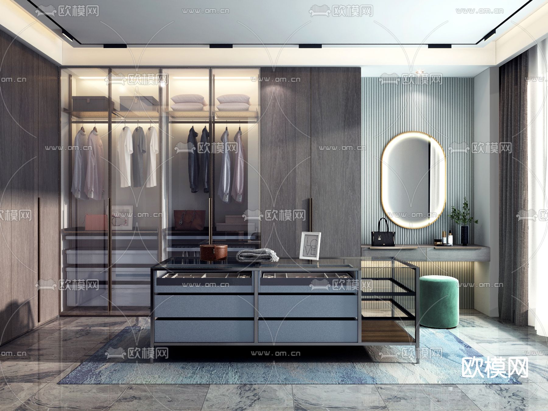 现代轻奢衣帽间su模型下载（渲染图1）