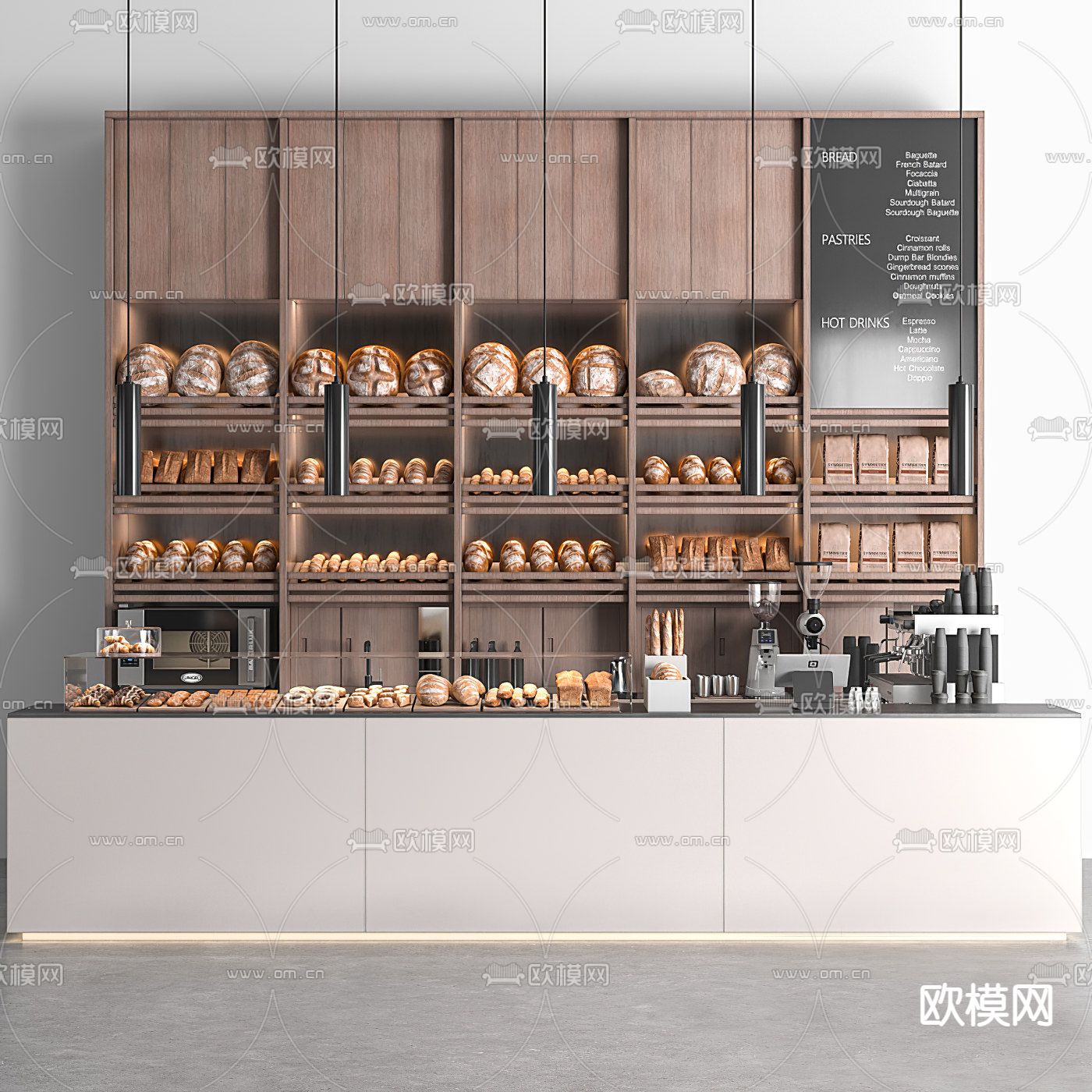 现代面包店柜台展柜3d模型下载（渲染图1）
