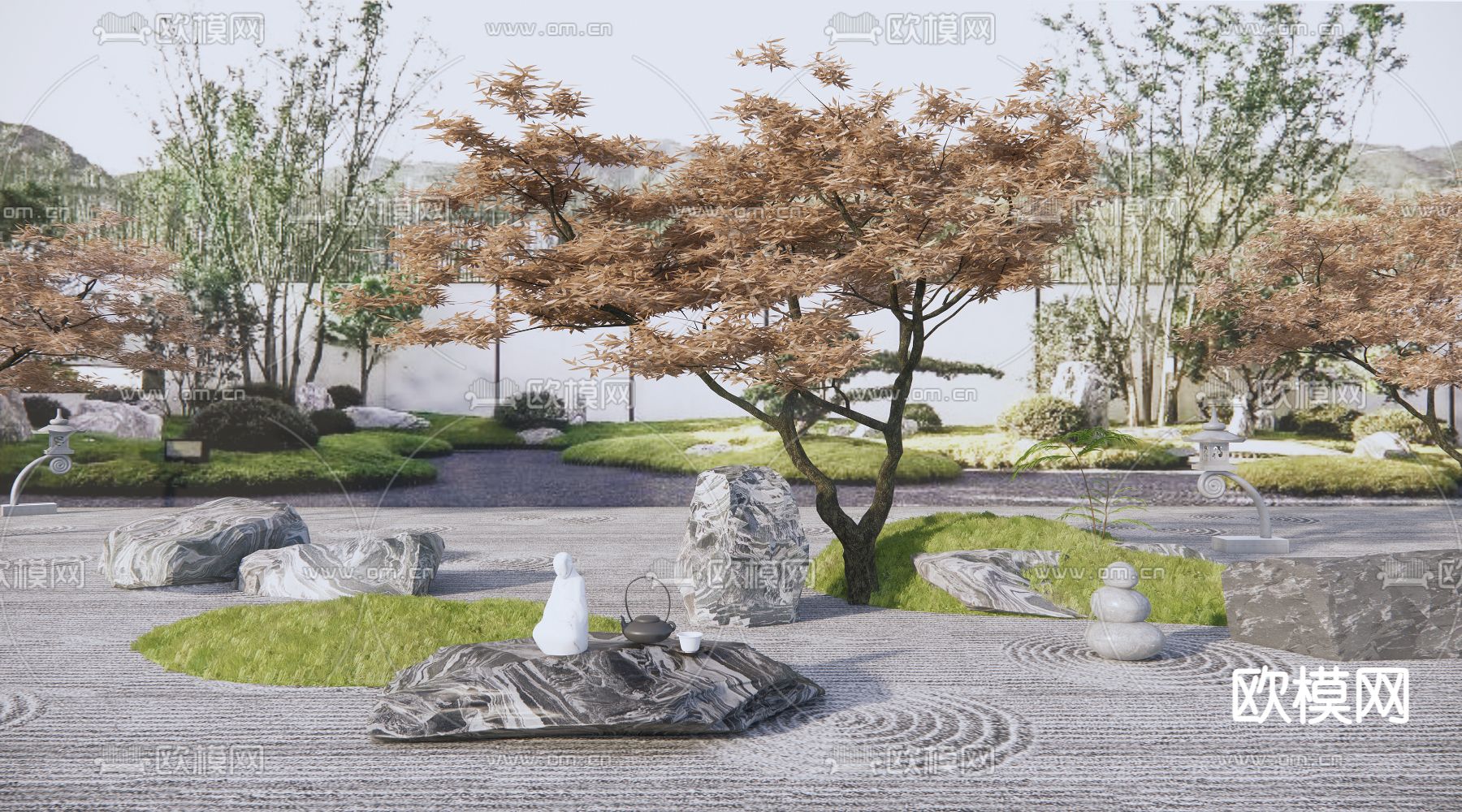 日式枯山石庭院景观su模型下载（渲染图1）