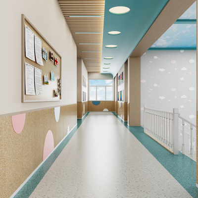  现代幼儿园走廊过道su模型 