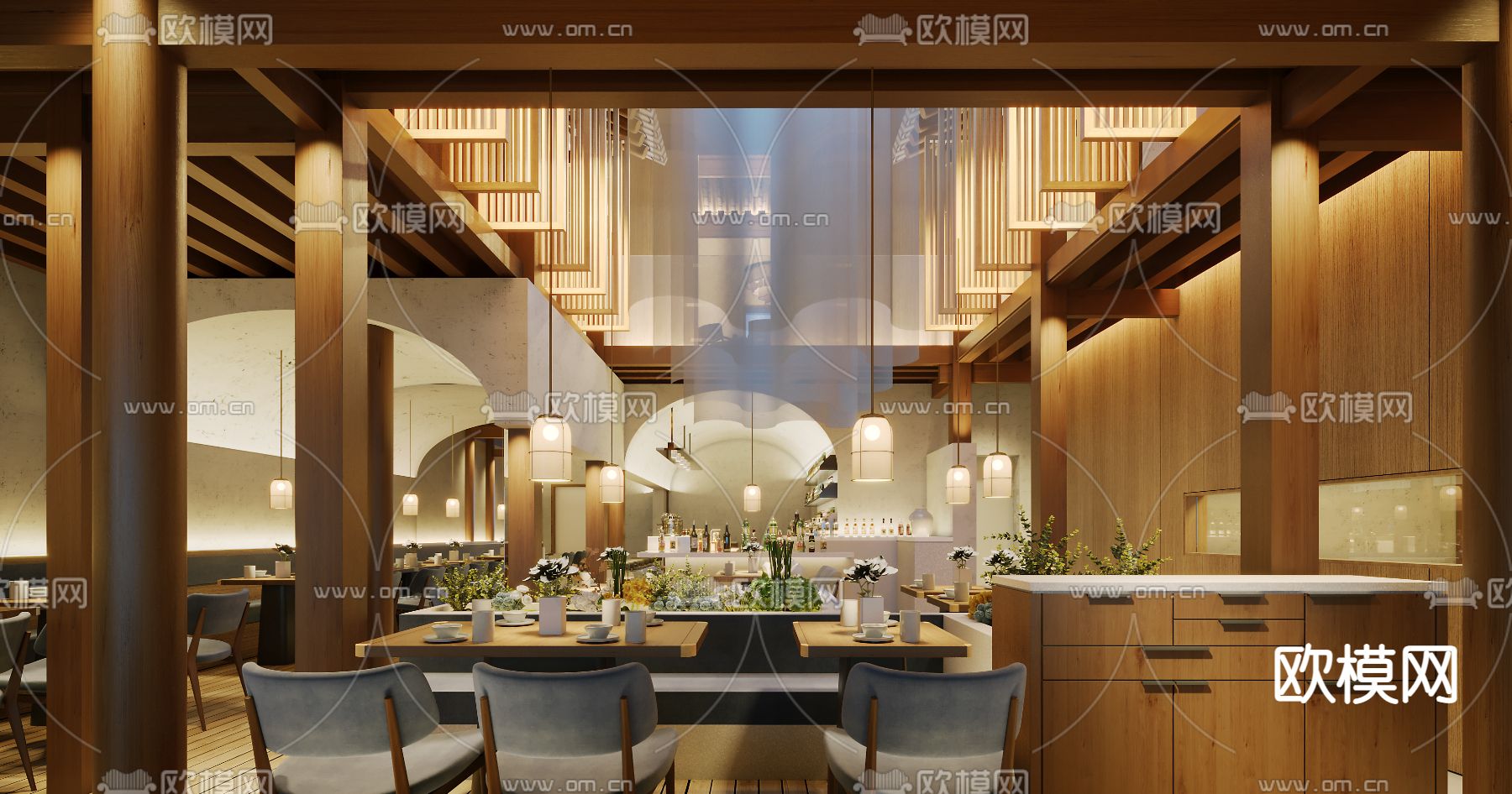 新中式茶餐厅3d模型下载（渲染图1）