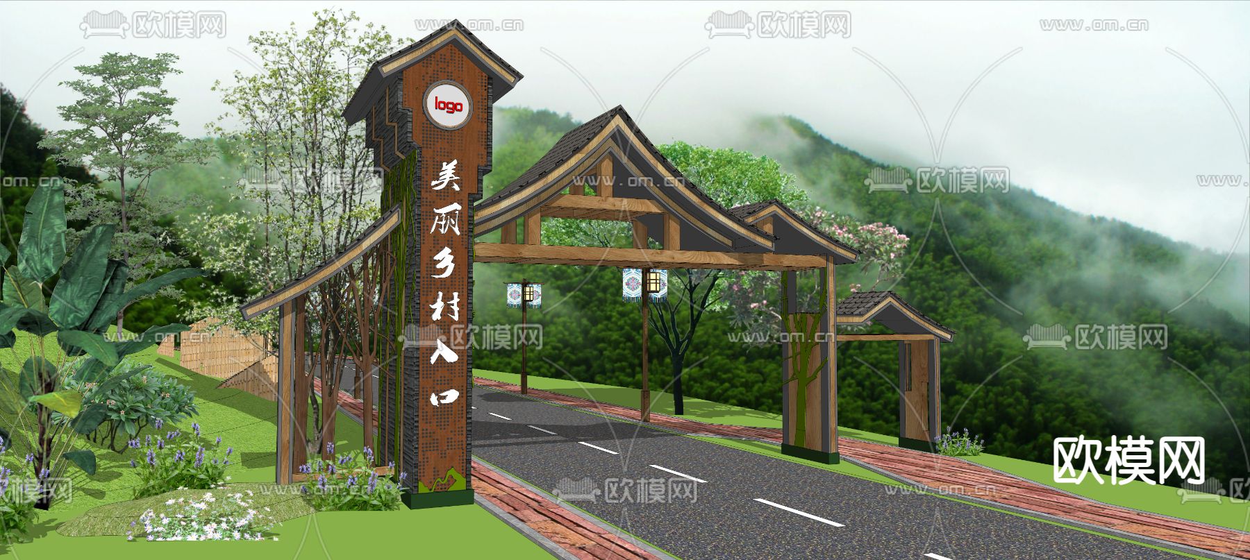 现代生态中式入口门廊su模型